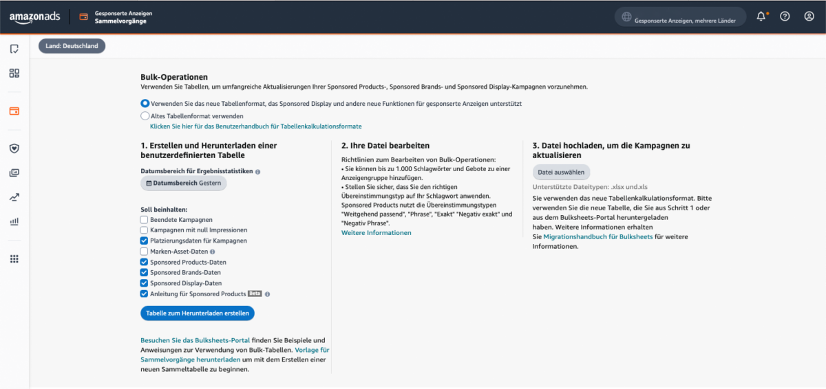 Amazon Advertising Console Sammelvorgänge