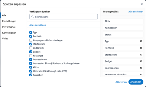 Amazon Advertising Console spalten