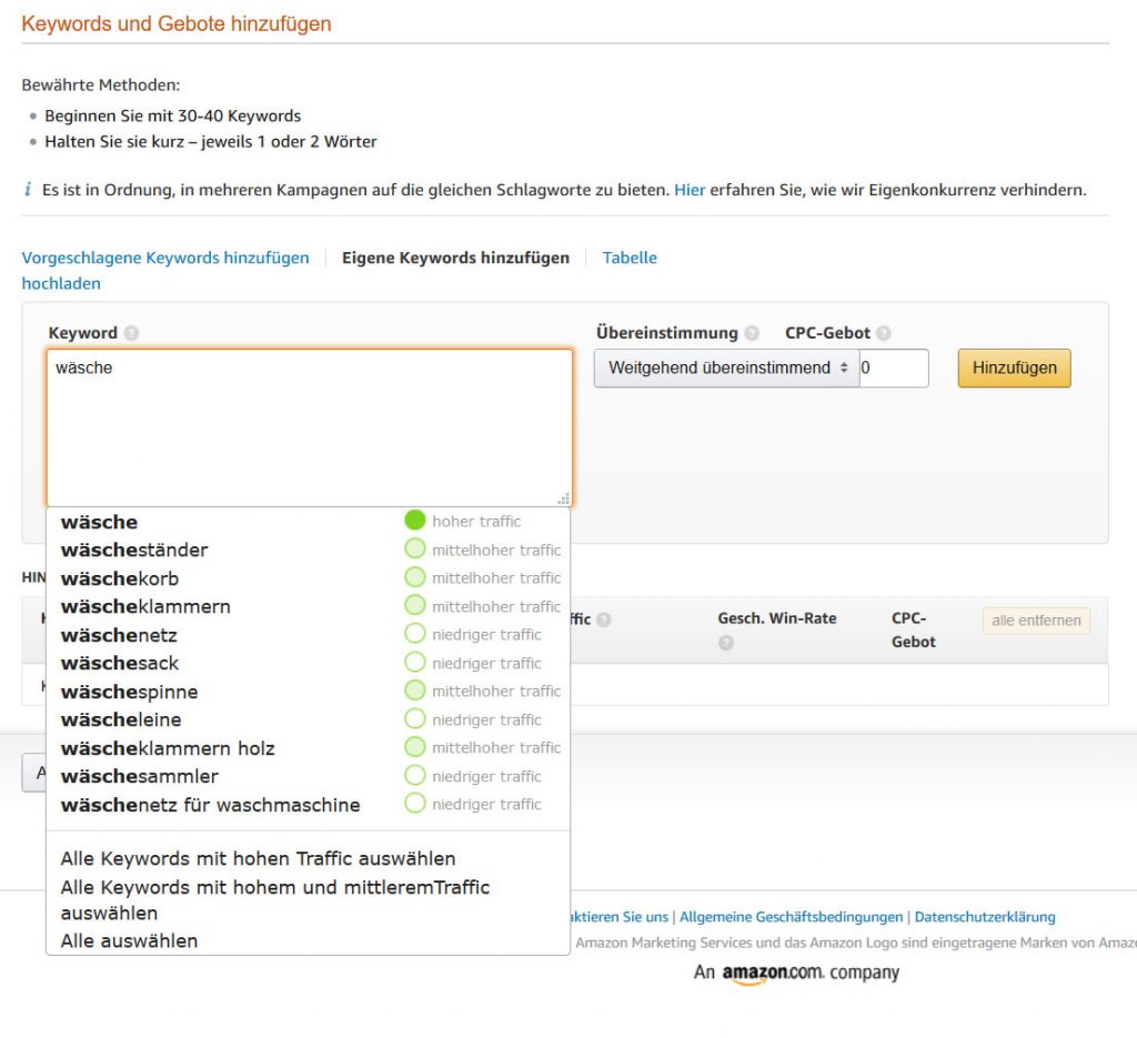 Amazon Autosuggest Analyse mit AMS